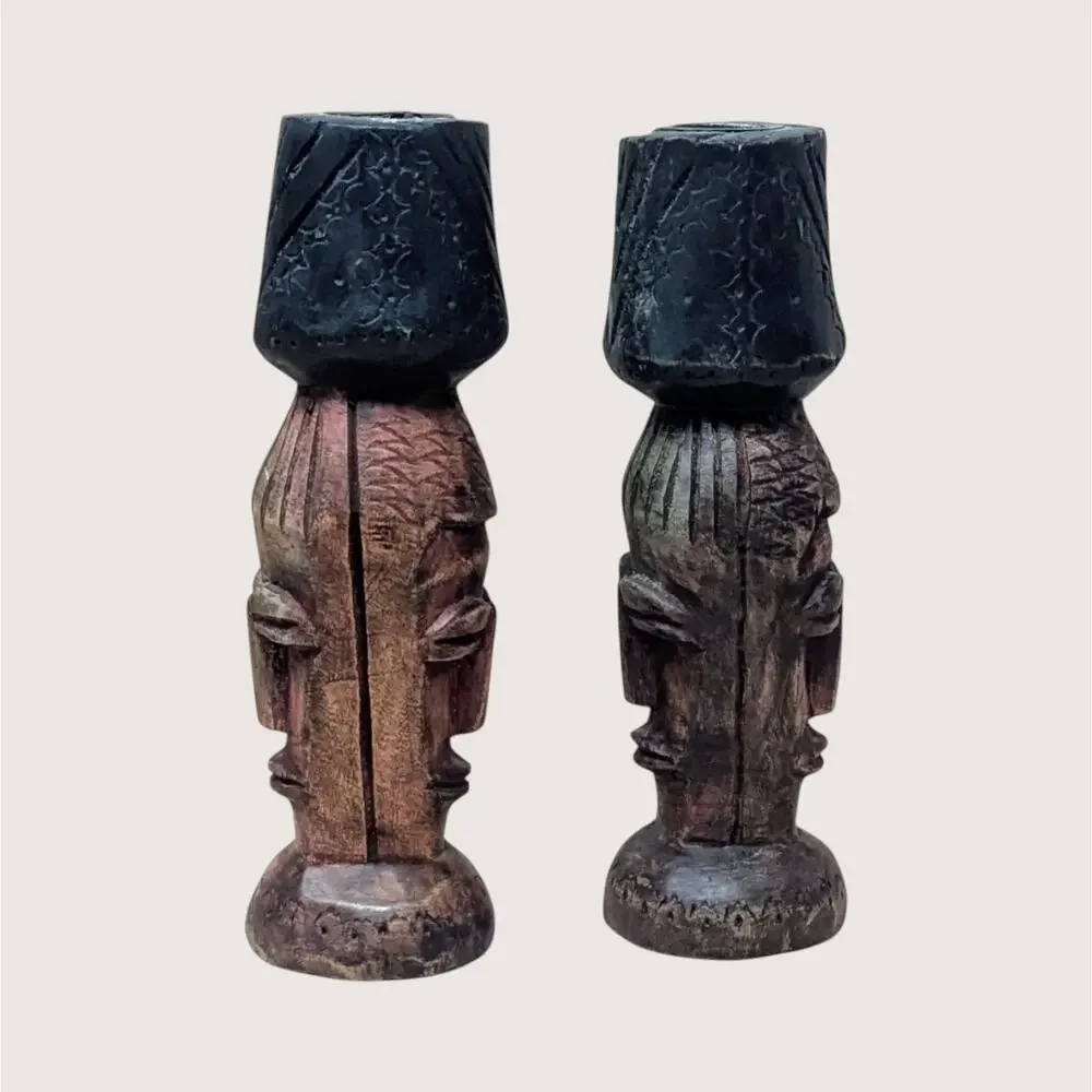 Vintage Hand Carved Wooden Figural Candle Holder Pair